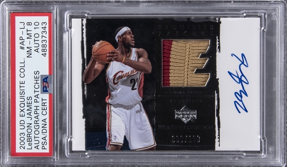 2003-04 UD "Exquisite Collection" Autograph Patches #AP-LJ LeBron James Signed Game Used Patch Rookie Card (#089/100) – PSA NM-MT 8, PSA/DNA 10
